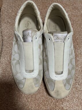 Coach Beige and White Slip-On Mesh Nettie Sneakers